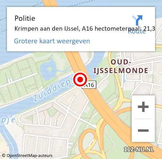 Locatie op kaart van de 112 melding: Politie Krimpen aan den IJssel, A16 hectometerpaal: 21,3 op 14 november 2023 19:51