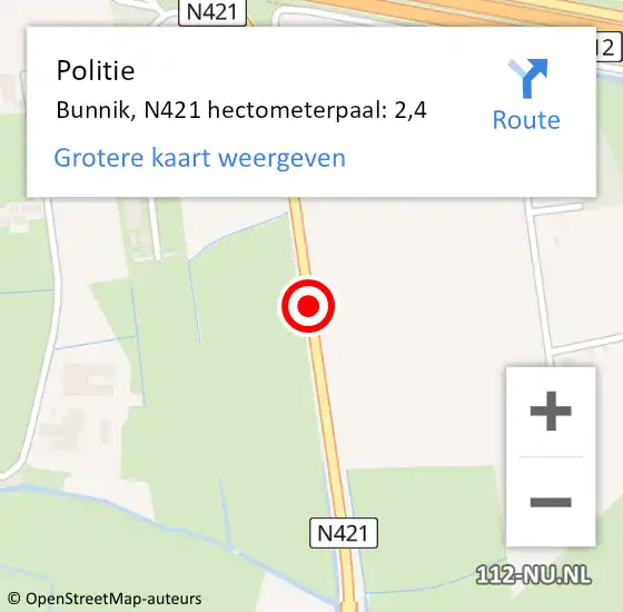 Locatie op kaart van de 112 melding: Politie Bunnik, N421 hectometerpaal: 2,4 op 14 november 2023 20:16