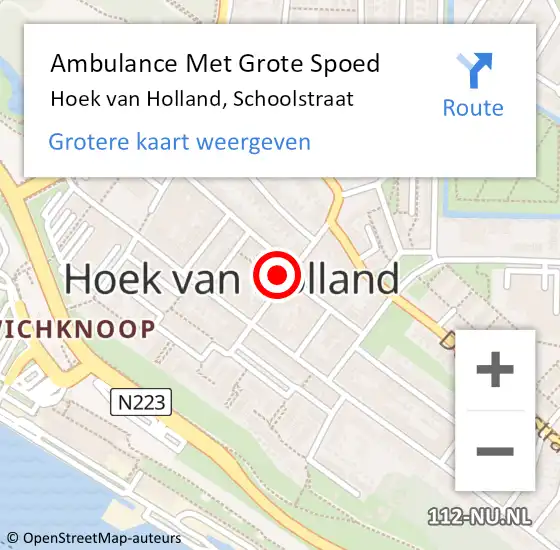 Locatie op kaart van de 112 melding: Ambulance Met Grote Spoed Naar Hoek van Holland, Schoolstraat op 14 november 2023 20:41