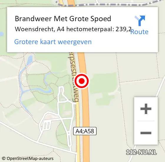 Locatie op kaart van de 112 melding: Brandweer Met Grote Spoed Naar Woensdrecht, A4 hectometerpaal: 239,2 op 14 november 2023 21:18