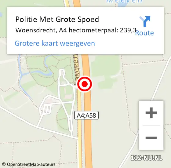 Locatie op kaart van de 112 melding: Politie Met Grote Spoed Naar Woensdrecht, A4 hectometerpaal: 239,3 op 14 november 2023 21:18