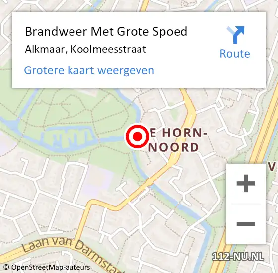 Locatie op kaart van de 112 melding: Brandweer Met Grote Spoed Naar Alkmaar, Koolmeesstraat op 14 november 2023 21:28