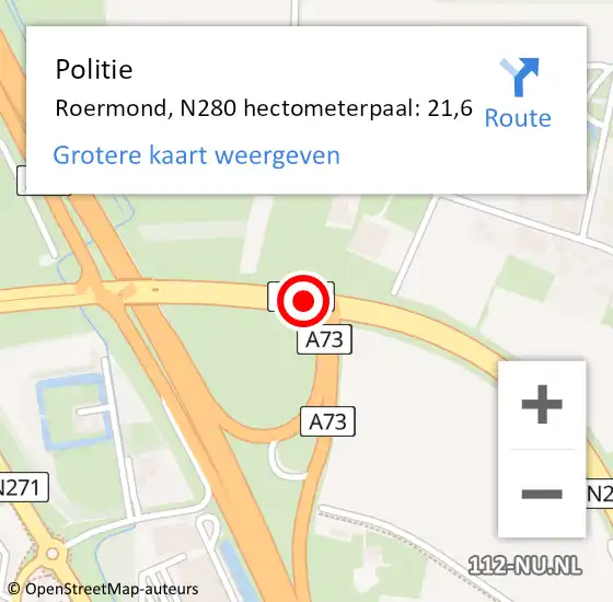 Locatie op kaart van de 112 melding: Politie Roermond, N280 hectometerpaal: 21,6 op 14 november 2023 21:42