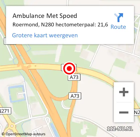 Locatie op kaart van de 112 melding: Ambulance Met Spoed Naar Roermond, N280 hectometerpaal: 21,6 op 14 november 2023 21:42