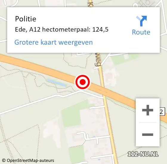 Locatie op kaart van de 112 melding: Politie Ede, A12 hectometerpaal: 124,5 op 14 november 2023 22:21