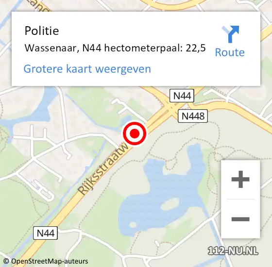 Locatie op kaart van de 112 melding: Politie Wassenaar, N44 hectometerpaal: 22,5 op 14 november 2023 23:08