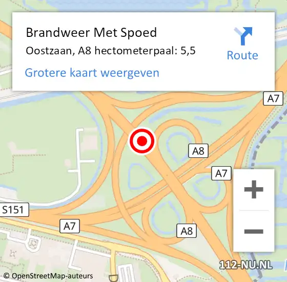 Locatie op kaart van de 112 melding: Brandweer Met Spoed Naar Oostzaan, A8 hectometerpaal: 5,5 op 14 november 2023 23:08