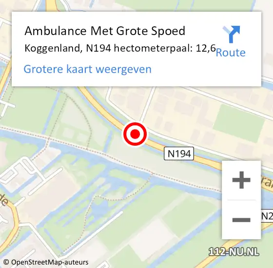 Locatie op kaart van de 112 melding: Ambulance Met Grote Spoed Naar Koggenland, N194 hectometerpaal: 12,6 op 15 november 2023 04:43