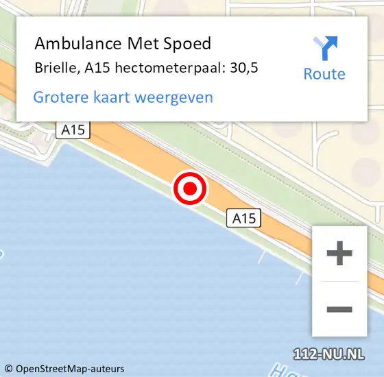 Locatie op kaart van de 112 melding: Ambulance Met Spoed Naar Brielle, A15 hectometerpaal: 30,5 op 15 november 2023 06:47