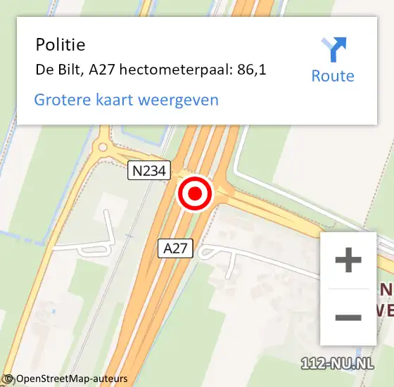 Locatie op kaart van de 112 melding: Politie De Bilt, A27 hectometerpaal: 86,1 op 15 november 2023 08:58