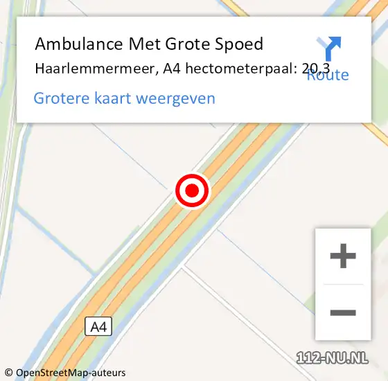 Locatie op kaart van de 112 melding: Ambulance Met Grote Spoed Naar Haarlemmermeer, A4 hectometerpaal: 20,3 op 15 november 2023 12:46