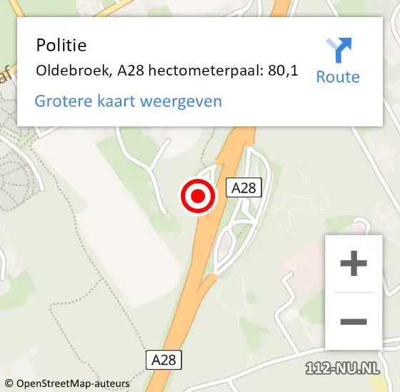 Locatie op kaart van de 112 melding: Politie Oldebroek, A28 hectometerpaal: 80,1 op 15 november 2023 13:17