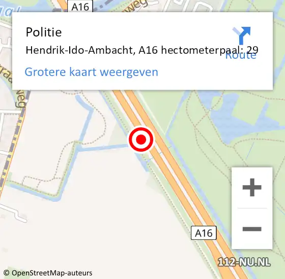 Locatie op kaart van de 112 melding: Politie Hendrik-Ido-Ambacht, A16 hectometerpaal: 29 op 15 november 2023 14:32