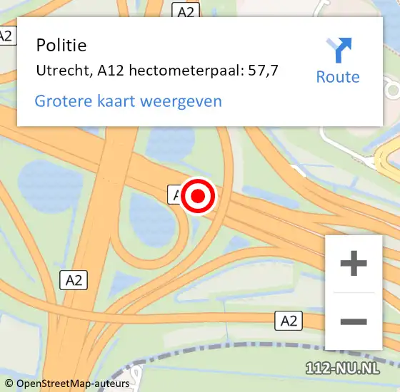 Locatie op kaart van de 112 melding: Politie Utrecht, A12 hectometerpaal: 57,7 op 15 november 2023 14:38