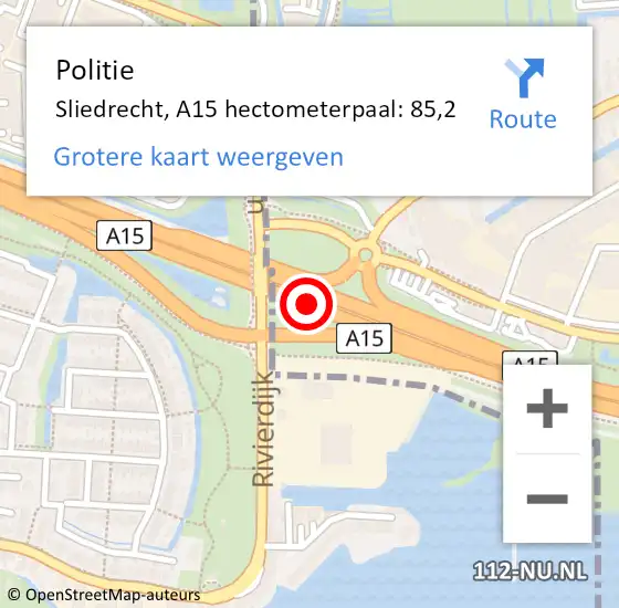 Locatie op kaart van de 112 melding: Politie Sliedrecht, A15 hectometerpaal: 85,2 op 15 november 2023 15:46