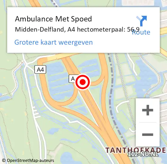 Locatie op kaart van de 112 melding: Ambulance Met Spoed Naar Midden-Delfland, A4 hectometerpaal: 56,9 op 15 november 2023 15:55