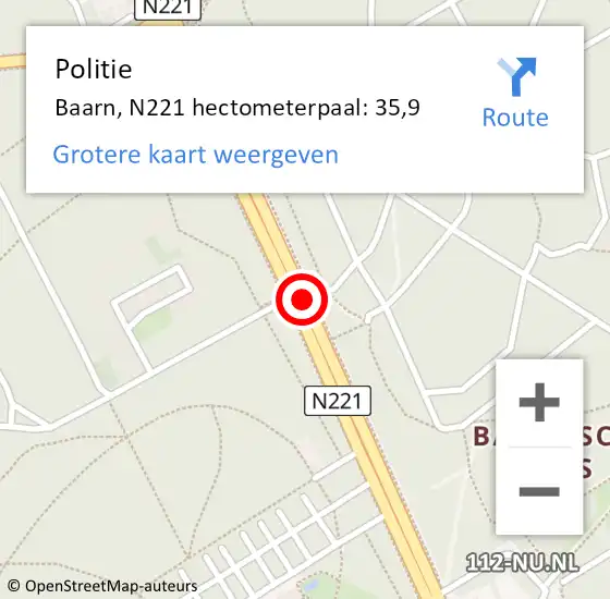 Locatie op kaart van de 112 melding: Politie Baarn, N221 hectometerpaal: 35,9 op 15 november 2023 16:37