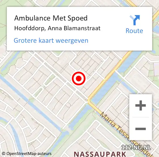 Locatie op kaart van de 112 melding: Ambulance Met Spoed Naar Hoofddorp, Anna Blamanstraat op 15 november 2023 16:46