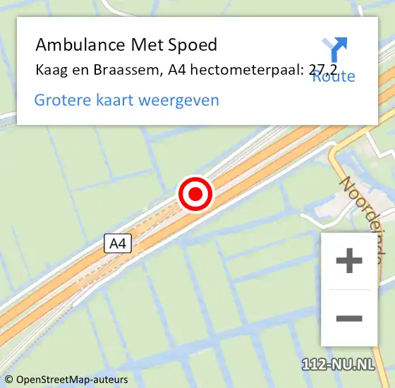 Locatie op kaart van de 112 melding: Ambulance Met Spoed Naar Kaag en Braassem, A4 hectometerpaal: 27,2 op 15 november 2023 17:43