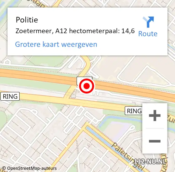 Locatie op kaart van de 112 melding: Politie Zoetermeer, A12 hectometerpaal: 14,6 op 15 november 2023 17:53