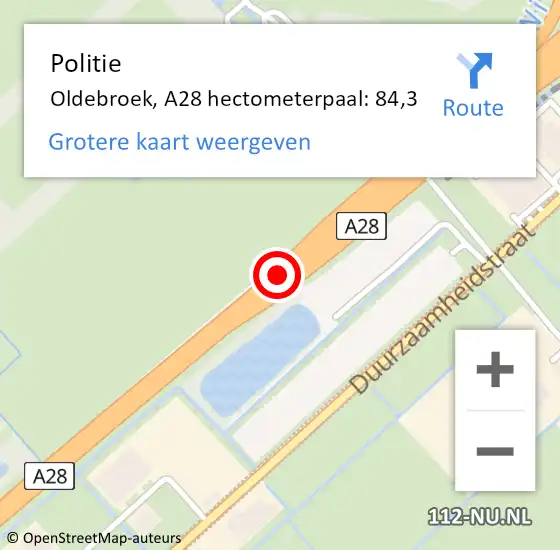 Locatie op kaart van de 112 melding: Politie Oldebroek, A28 hectometerpaal: 84,3 op 15 november 2023 17:56