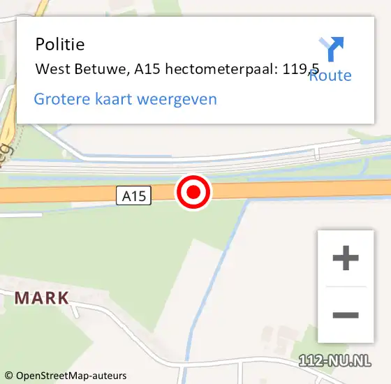 Locatie op kaart van de 112 melding: Politie West Betuwe, A15 hectometerpaal: 119,5 op 15 november 2023 18:01