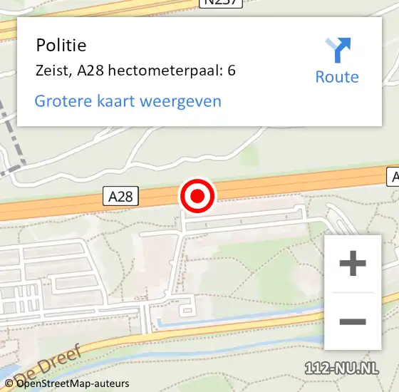 Locatie op kaart van de 112 melding: Politie Zeist, A28 hectometerpaal: 6 op 15 november 2023 18:26