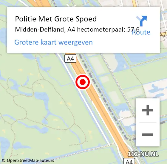 Locatie op kaart van de 112 melding: Politie Met Grote Spoed Naar Midden-Delfland, A4 hectometerpaal: 57,6 op 15 november 2023 18:32