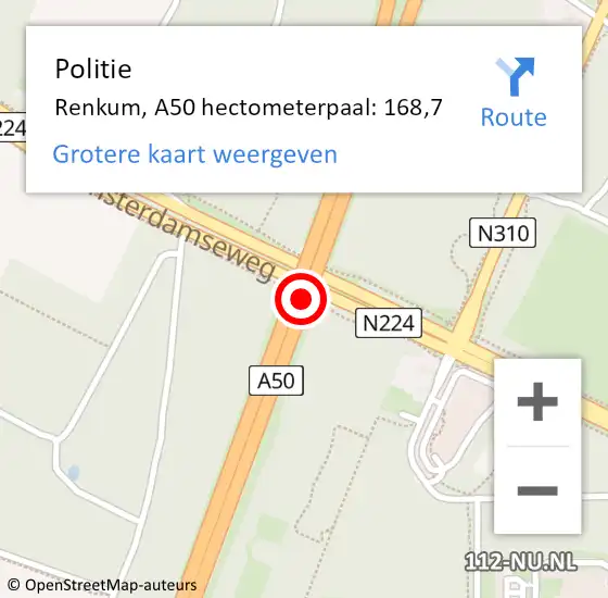 Locatie op kaart van de 112 melding: Politie Renkum, A50 hectometerpaal: 168,7 op 15 november 2023 18:59