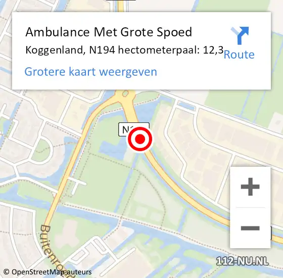 Locatie op kaart van de 112 melding: Ambulance Met Grote Spoed Naar Koggenland, N194 hectometerpaal: 12,3 op 15 november 2023 19:11