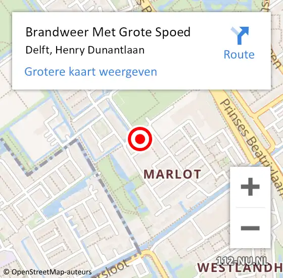 Locatie op kaart van de 112 melding: Brandweer Met Grote Spoed Naar Delft, Henry Dunantlaan op 15 november 2023 19:33