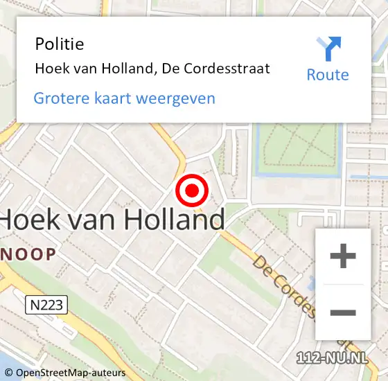Locatie op kaart van de 112 melding: Politie Hoek van Holland, De Cordesstraat op 15 november 2023 20:46