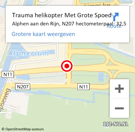 Locatie op kaart van de 112 melding: Trauma helikopter Met Grote Spoed Naar Alphen aan den Rijn, N207 hectometerpaal: 32,5 op 16 november 2023 04:08