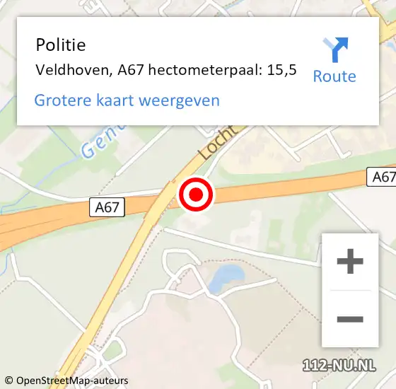 Locatie op kaart van de 112 melding: Politie Veldhoven, A67 hectometerpaal: 15,5 op 16 november 2023 07:24