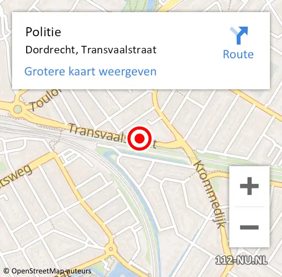 Locatie op kaart van de 112 melding: Politie Dordrecht, Transvaalstraat op 16 november 2023 07:37