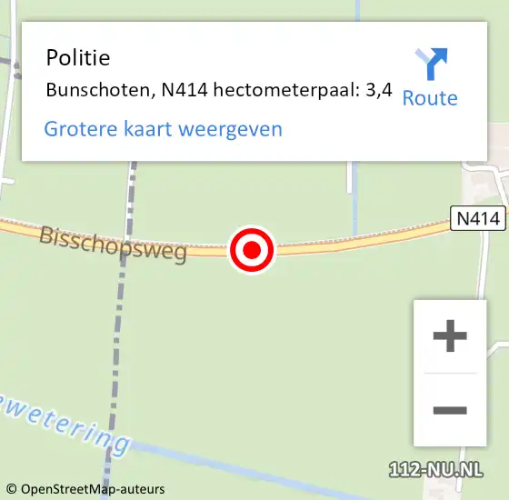 Locatie op kaart van de 112 melding: Politie Bunschoten, N414 hectometerpaal: 3,4 op 16 november 2023 07:37