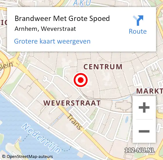 Locatie op kaart van de 112 melding: Brandweer Met Grote Spoed Naar Arnhem, Weverstraat op 16 november 2023 10:51