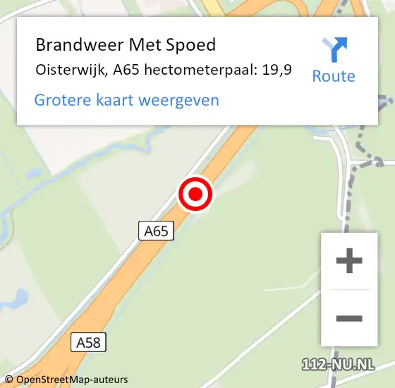 Locatie op kaart van de 112 melding: Brandweer Met Spoed Naar Oisterwijk, A65 hectometerpaal: 19,9 op 16 november 2023 14:32