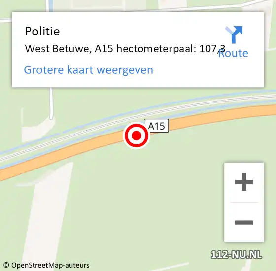 Locatie op kaart van de 112 melding: Politie West Betuwe, A15 hectometerpaal: 107,3 op 16 november 2023 16:48