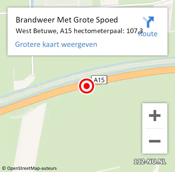 Locatie op kaart van de 112 melding: Brandweer Met Grote Spoed Naar West Betuwe, A15 hectometerpaal: 107,3 op 16 november 2023 16:50