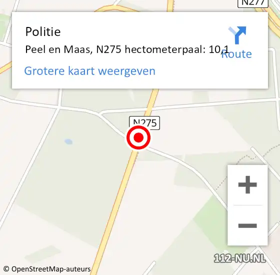 Locatie op kaart van de 112 melding: Politie Peel en Maas, N275 hectometerpaal: 10,1 op 16 november 2023 17:15