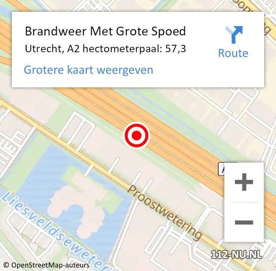 Locatie op kaart van de 112 melding: Brandweer Met Grote Spoed Naar Utrecht, A2 hectometerpaal: 57,3 op 16 november 2023 17:27
