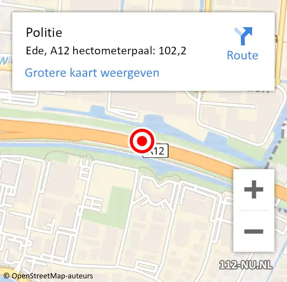 Locatie op kaart van de 112 melding: Politie Ede, A12 hectometerpaal: 102,2 op 16 november 2023 17:31