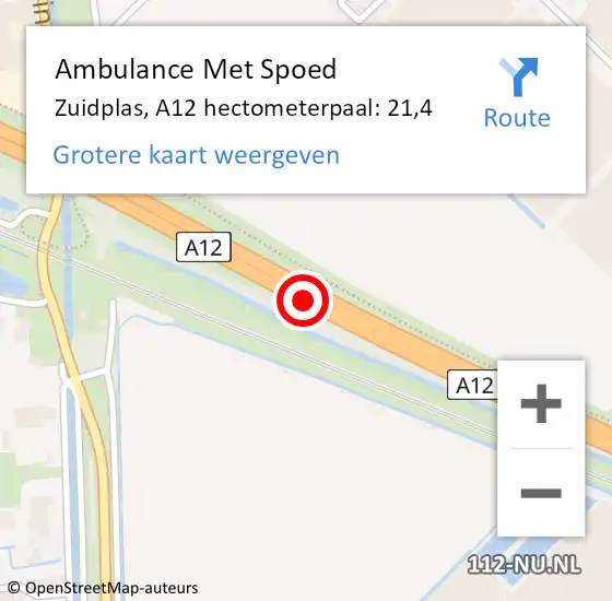 Locatie op kaart van de 112 melding: Ambulance Met Spoed Naar Zuidplas, A12 hectometerpaal: 21,4 op 16 november 2023 17:38
