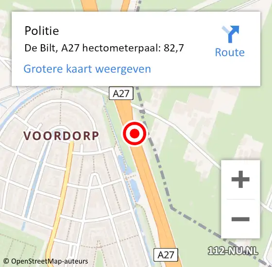 Locatie op kaart van de 112 melding: Politie De Bilt, A27 hectometerpaal: 82,7 op 16 november 2023 19:26