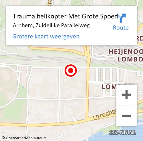 Locatie op kaart van de 112 melding: Trauma helikopter Met Grote Spoed Naar Arnhem, Zuidelijke Parallelweg op 16 november 2023 19:58