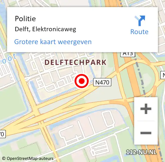 Locatie op kaart van de 112 melding: Politie Delft, Elektronicaweg op 17 november 2023 10:02