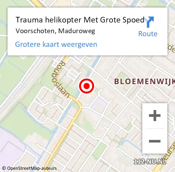 Locatie op kaart van de 112 melding: Trauma helikopter Met Grote Spoed Naar Voorschoten, Maduroweg op 17 november 2023 10:10