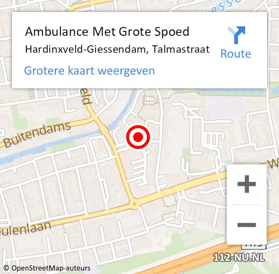 Locatie op kaart van de 112 melding: Ambulance Met Grote Spoed Naar Hardinxveld-Giessendam, Talmastraat op 17 november 2023 12:56