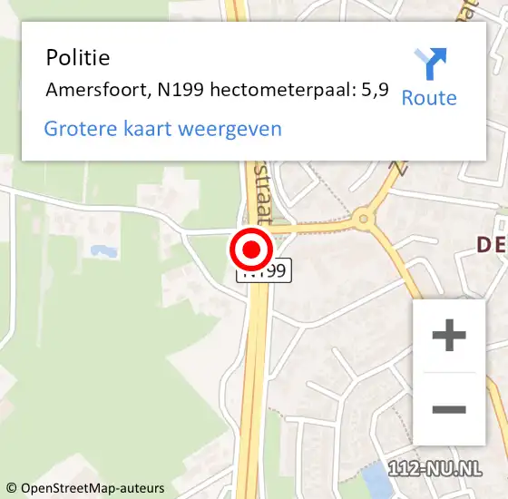 Locatie op kaart van de 112 melding: Politie Amersfoort, N199 hectometerpaal: 5,9 op 17 november 2023 13:28